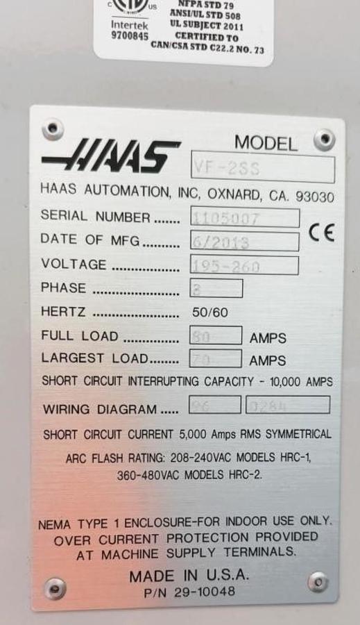 Used 2013 HAAS VF-2SS 5-Axis 12,000 rpm CNC Vertical Machining Center