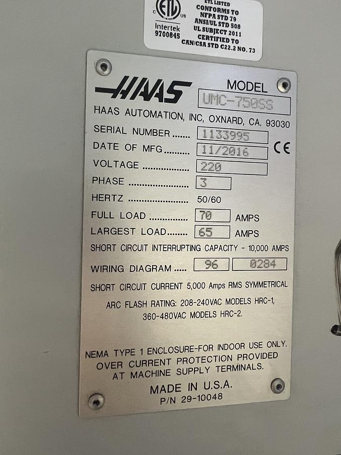 Used 2016 HAAS UMC-750SS 5-Axis CNC Vertical Machining Center