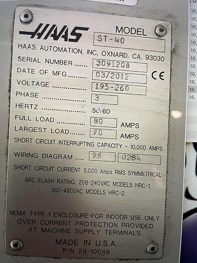 Used 2012 HAAS ST-40 with 7" Bar Capacity CNC Turning Center