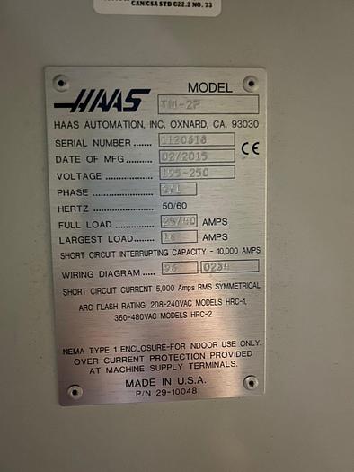 Used 2015 HAAS TM-2P CNC Vertical Machining Center ***Only 386 Power On  Hours***