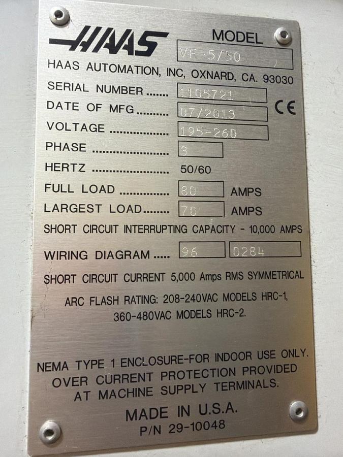 Used 2013 HAAS VF-5/50 CNC Vertical Machining Center