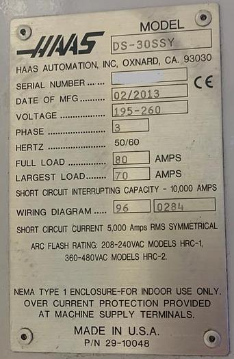 Used 2013 HAAS DS30SSY CNC Lathe Turning Center Live Tooling / Sub Spindle / Y-Axis ***Low Hours***