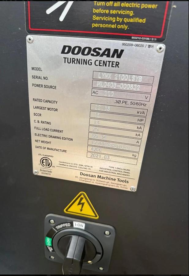 Used 2021 DOOSAN Lynx 2100LSYB CNC Lathe Livetooling / C-Axis / SubSpindle / Y-Axis