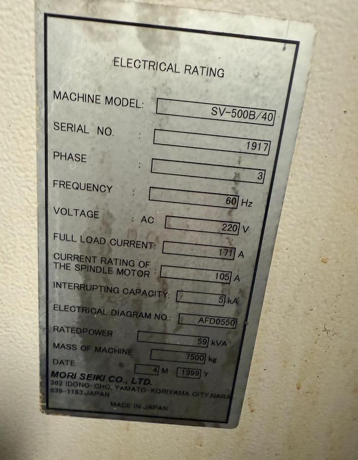 Used 1999 Mori Seiki SV-500 10,000 RPM Vertical Machining Center