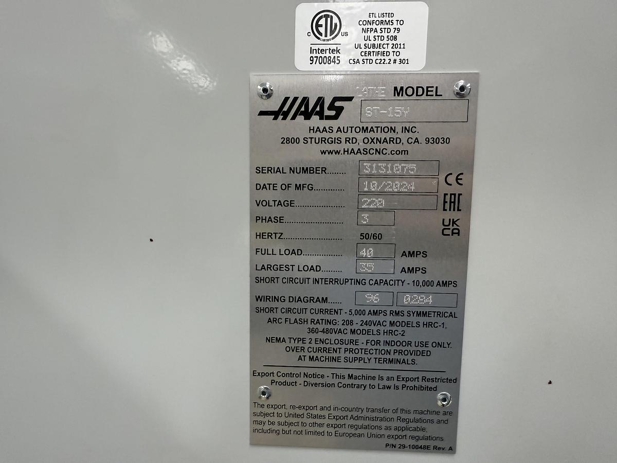 Used 2024 HAAS ST-15Y Sub Spindle CNC Lathe & HAAS Bar Feeder Only 35 Cutting Hours