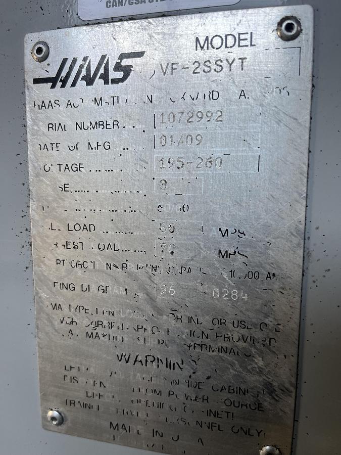Used 2009 HAAS VF-2SSYT 4-Axis 12,000 RPM CNC Vertical Machining Center