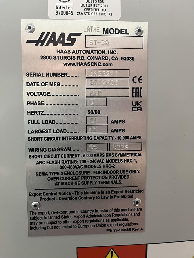 Used 2025 HAAS ST-30 CNC Lathe With Bar Feeder Tailstock Tool PreSetter
