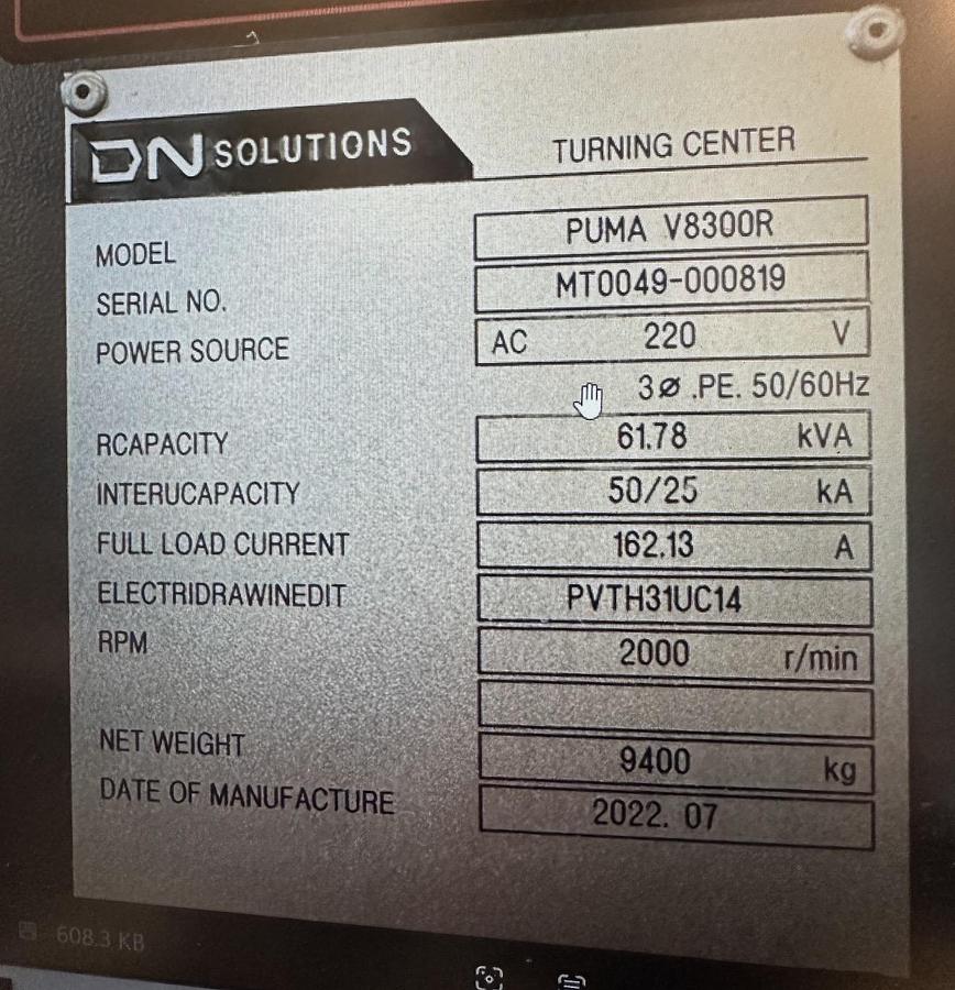 Used 2022 DOOSAN PUMA V8300R CNC VERTICAL TURNING LATHE