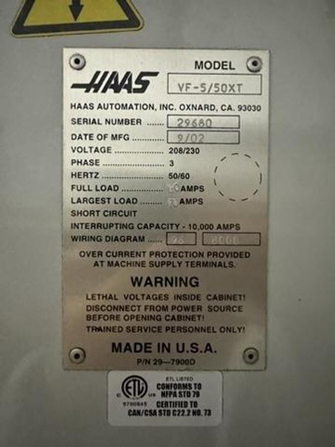 Used 2002 HAAS 2002 HAAS VF-5 Cat-50 XT Vertical Machining Center