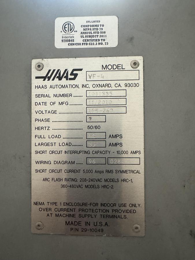 Used 2010 HAAS VF-4 CNC Vertical Machining Center