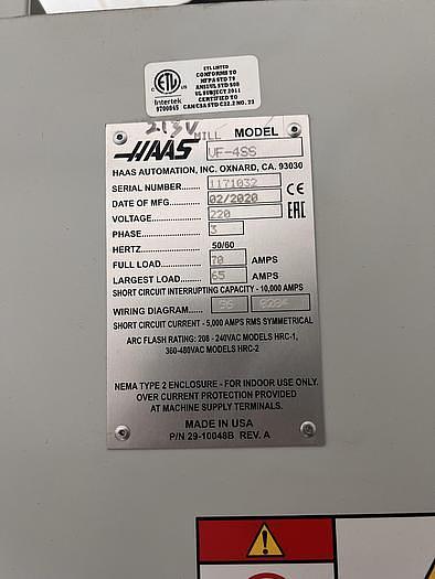 Used 2020 HAAS VF-4SS 4-Axis CNC Vertical Machining Center