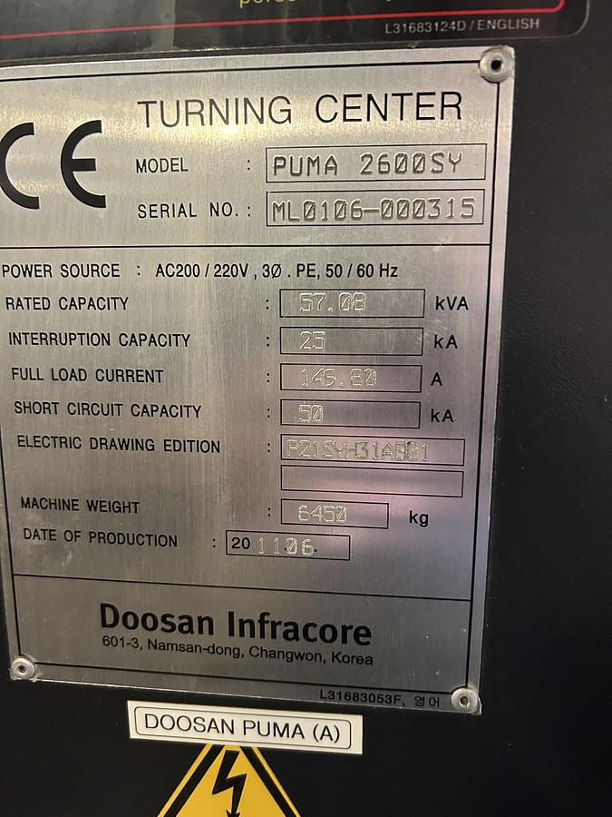 Used 2011 DOOSAN PUMA 2600BSY sub spindle Y axis Low Hours 