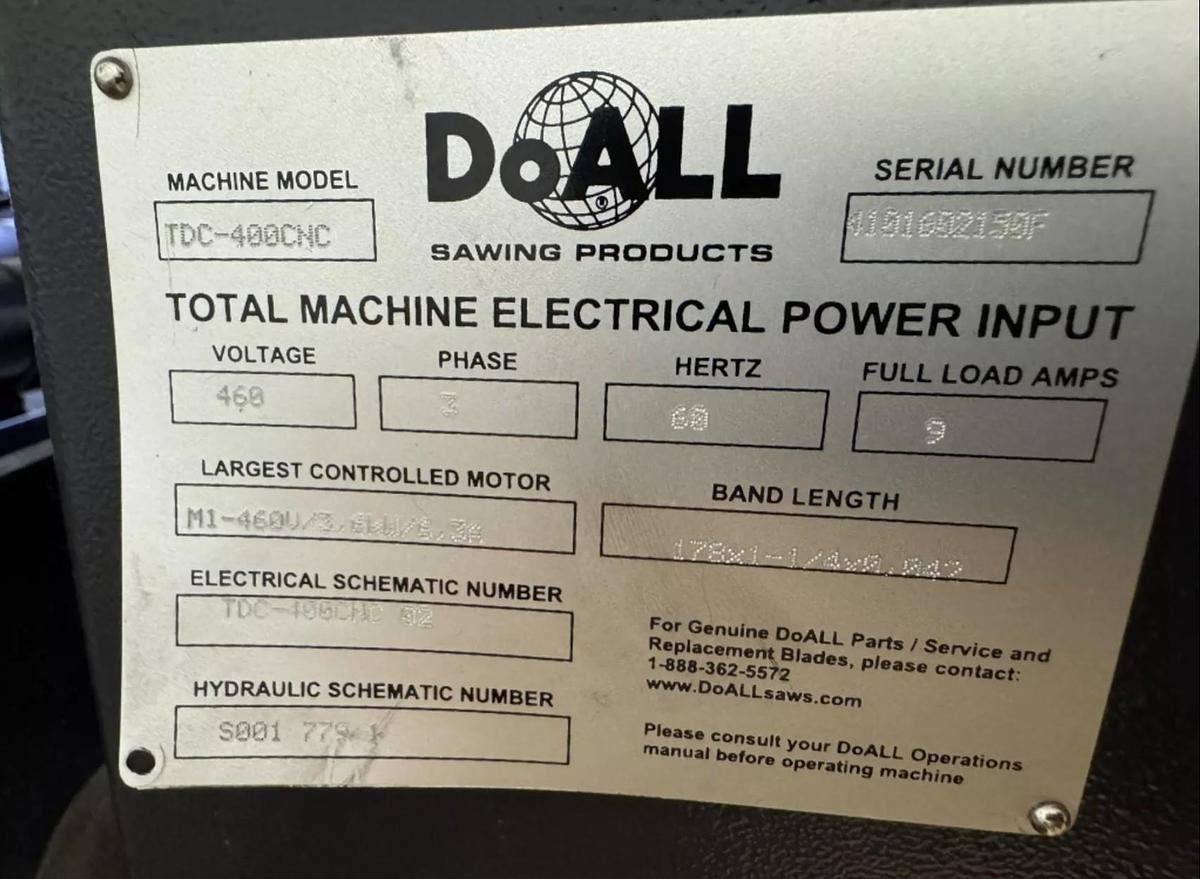 Used 2023 DoALL Olympia TDC-400CNC Automatic Dual Column CNC Horizontal Tube Cut-Off Saw ***Like Brand New***