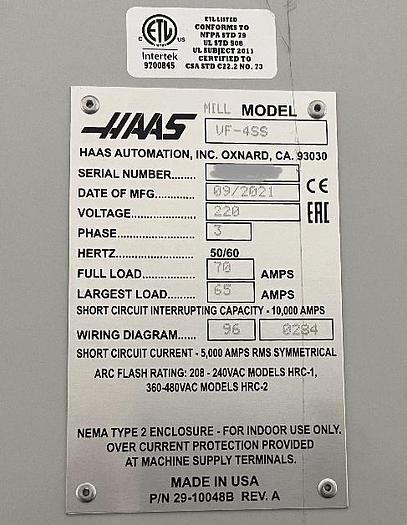 Used 2021 HAAS VF-4SS 4-Axis 12,000RPM HRT-210 Rotary Table CNC Vertical Machining Center ***940 Hours***