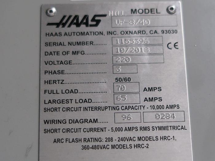 Used 2018 HAAS VF-8 4-Axis with 8" Extra Z-Axis CNC Vertical Machining Center
