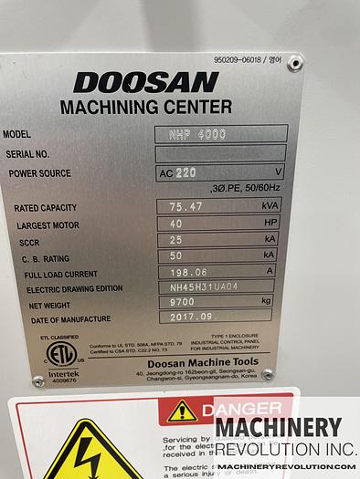 Used 2017 DOOSAN NHP 4000 CNC 4-Axis / 12 Pallet / 275 Tool / 15,000RPM Horizontal Machining Center
