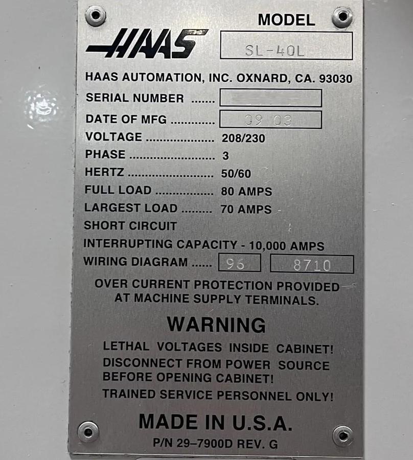 Used 2003 HAAS SL-40L Long Beed 4" Bar Capicty CNC Lathe