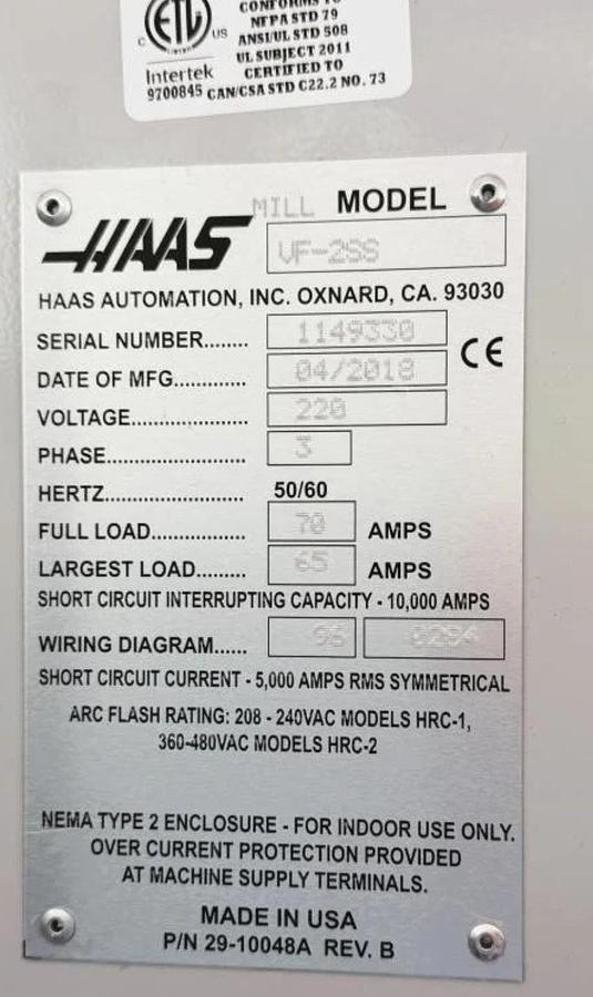 Used 2018 HAAS VF-2SS 12,000 RPM 4-Axis HRT-210 CNC Vertical Machining Center