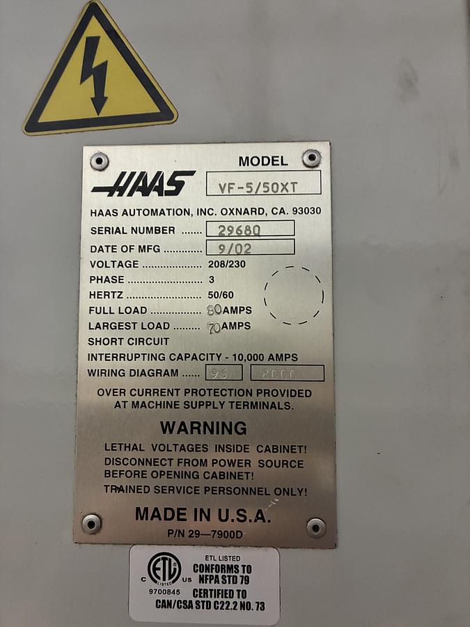 Used 2002 HAAS 2002 HAAS VF-5 Cat-50 XT Vertical Machining Center