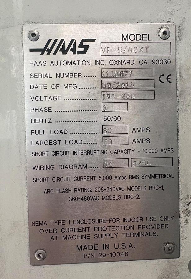 Used 2014 HAAS VF-5XT 4-Axis CNC Vertical Machining Center