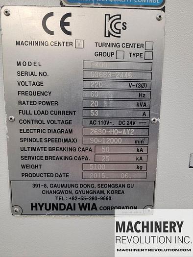 Used 2015 HYUNDAI WIA F400 12,000RPM TSC CNC Vertical Machining Center ***Low Hours***