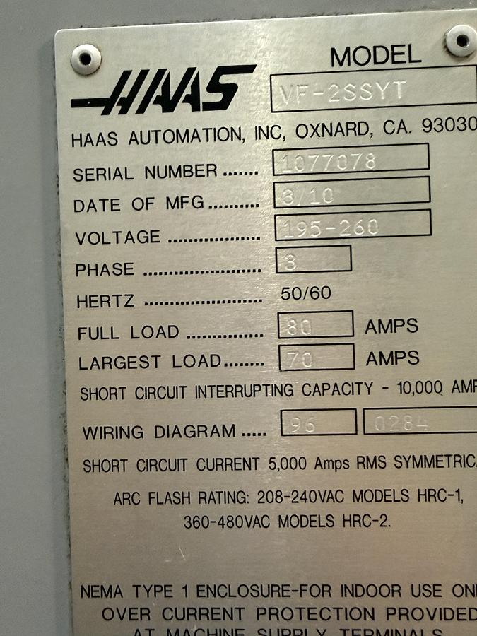 Used 2010 HAAS VF-2SSYT 4-Axis 12,000 RPM CNC Vertical Machining Center with HAAS HRT-210 Rotary Table