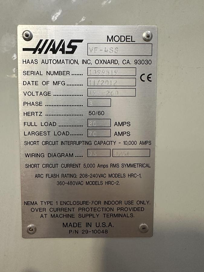 Used 2012 HAAS VF-4SS 12,000 RPM CNC Vertical Machining Center