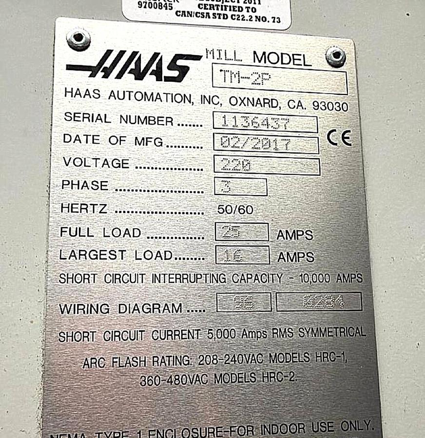 Used 2017 HAAS TM-2P CNC Vertical Machining Center