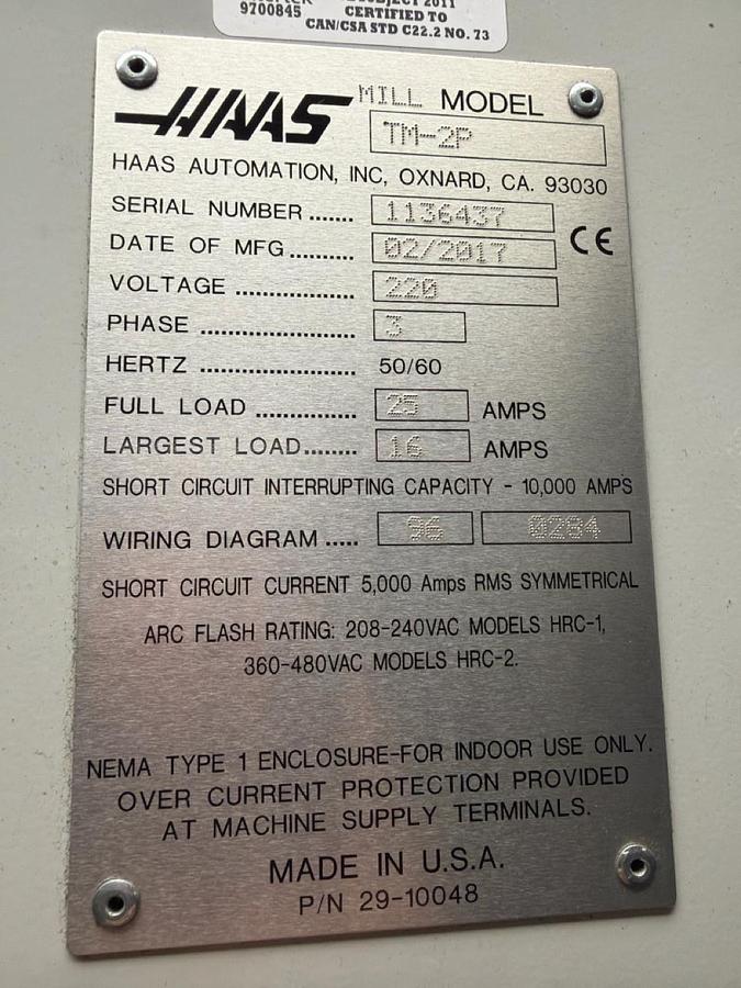 Used 2017 HAAS TM-2P CNC Vertical Machining Center