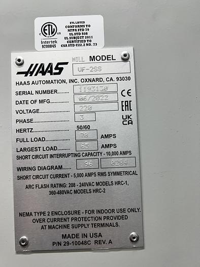 Used 2022 HAAS VF-2SS 4-Axis CNC Vertical Machining Center