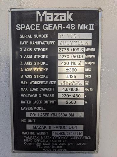 Used 2004 MAZAK Space Gear-48 MK II 5-Axis 2500 Watt CO2 Laser