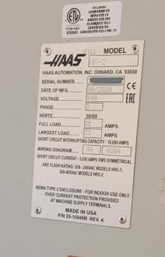 Used 2020 HAAS VF-2 4-Axis CNC Vertical Machining Center ***Low Hours***