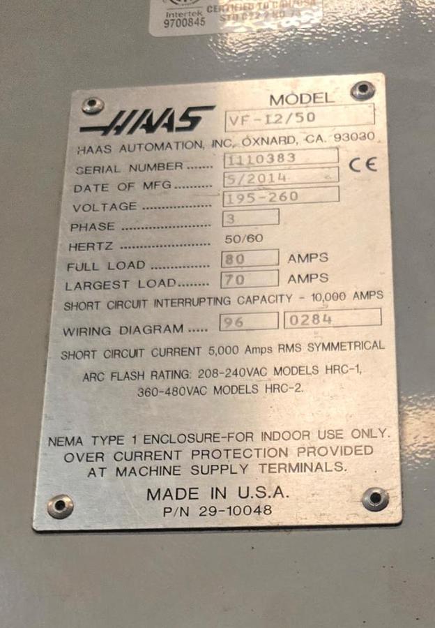 Used 2014 HAAS VF-12 Cat-50 4-Axis With HRT-450 Rotary Table CNC Vertical Machining Center