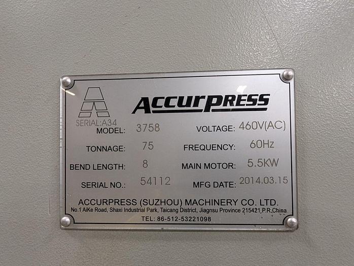 Used 2014 ACCUPRESS Absolute 3758 75 Ton Servo-Hydraulic Press Brake