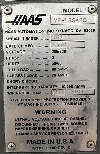 Used 2005 HAAS VF-4SS 12,00RPM CNC Vertical Machining Center with APC