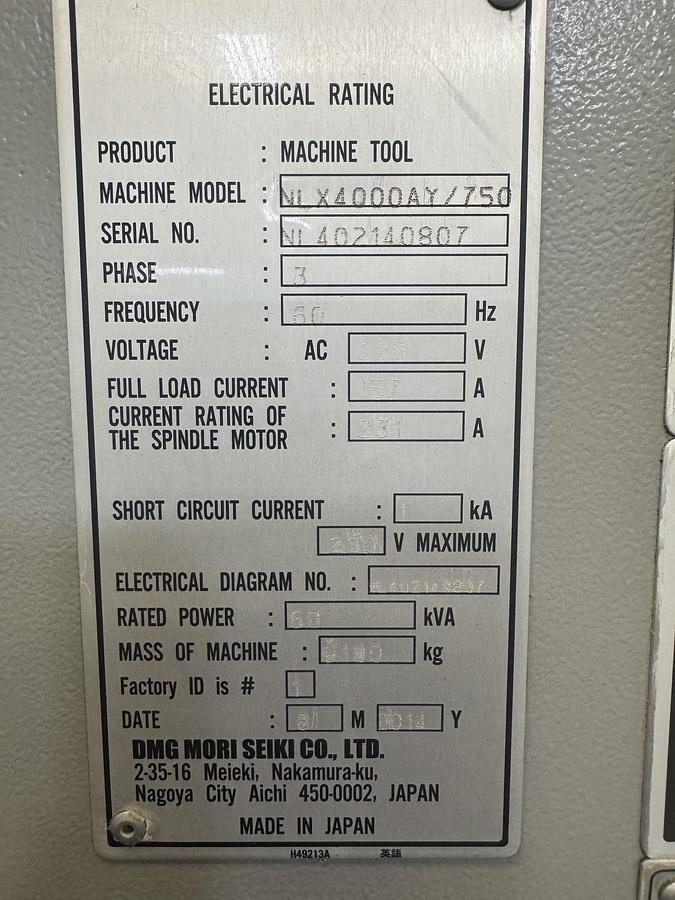 Used 2014 Mori Seiki NLX-4000AY/750 18" Chuck Live Tooling Y-Axis CNC Turning Center