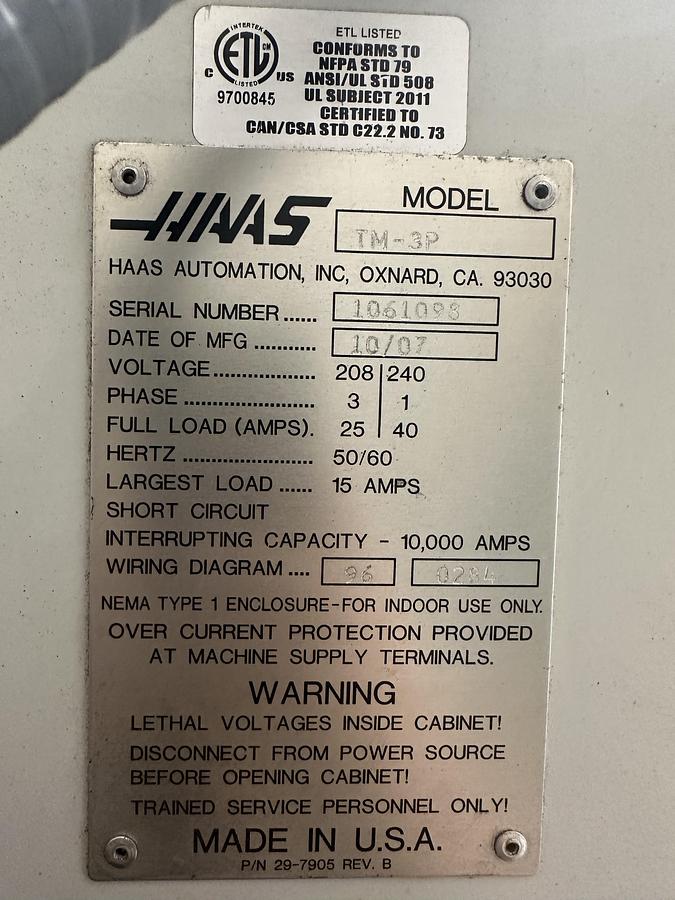 Used 2007 HAAS TM-3P 4-Axis CNC Vertical Machining Center ***Low Cutting Hours***
