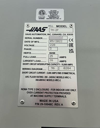 Used 2022 HAAS TM-2P CNC Vertical Machining Center Low Hours Like Brand New