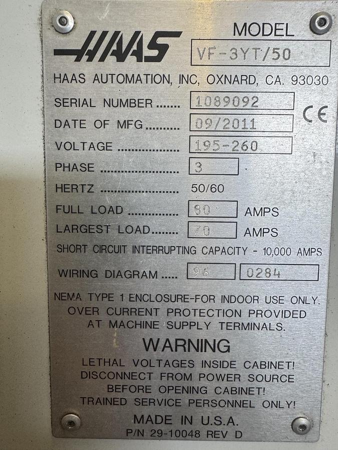 Used 2011 HAAS VF-3YT Cat-50 4-Axis CNC Vertical Machining Center