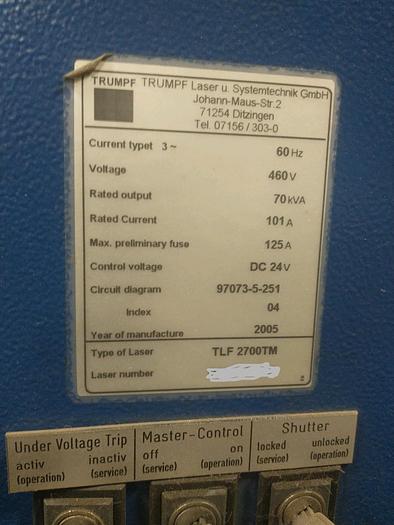Used 2005 TRUMPF TLF 2700TM CNC Tube Laser