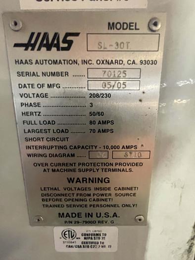 Used 2005 HAAS SL-30T CNC Turning Center With Hydraulic Tailstock and Tool Pre-Setter