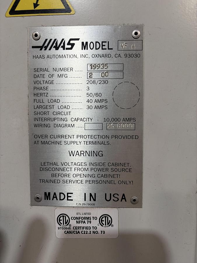 Used 2000 HAAS VF-4 4-Axis with HAAS HRT-210A6 Rotary Table CNC Vertical Machining Center