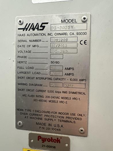 Used 2013 HAAS DS30SSY CNC Lathe Turning Center Live Tooling / Sub Spindle / Y-Axis ***Low Hours***