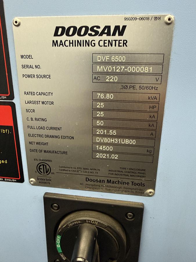 Used 2021 DOOSAN DVF 6500 5-Axis CNC Vertical Machining Center ***Low Hours***
