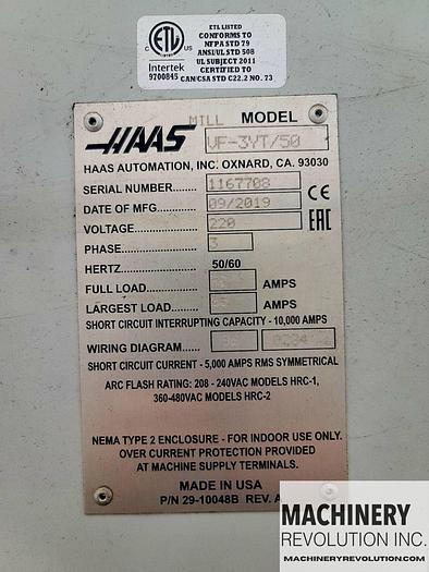 Used 2019 HAAS VF-3YT/50 4-Axis CNC Vertical Machining Center with