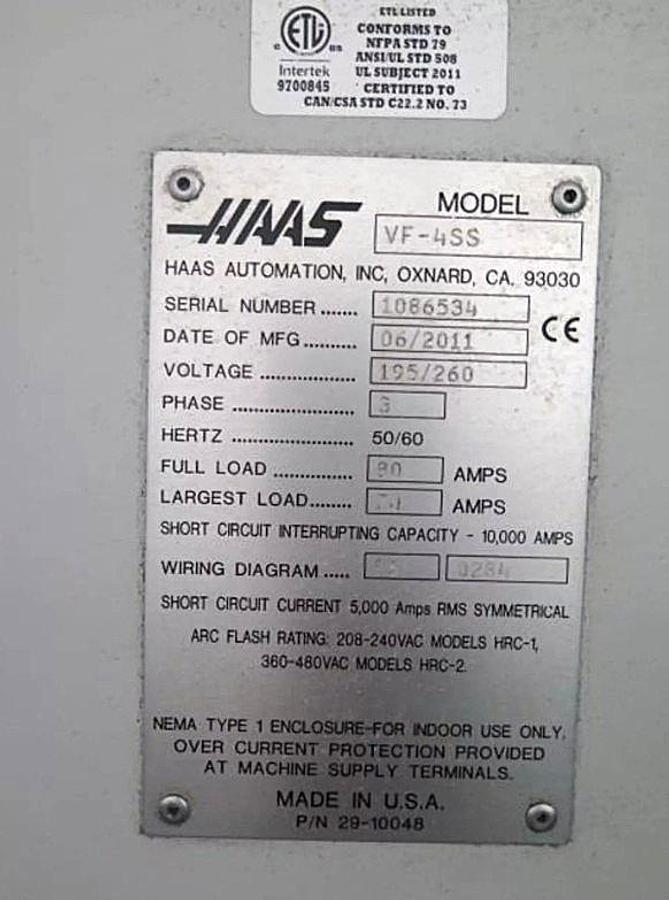 Used 2011 HAAS VF-4SS 4-Axis 12,000 RPM CNC Vertical Machining Center WIPS / High Speed Machining / 40+1 ATC