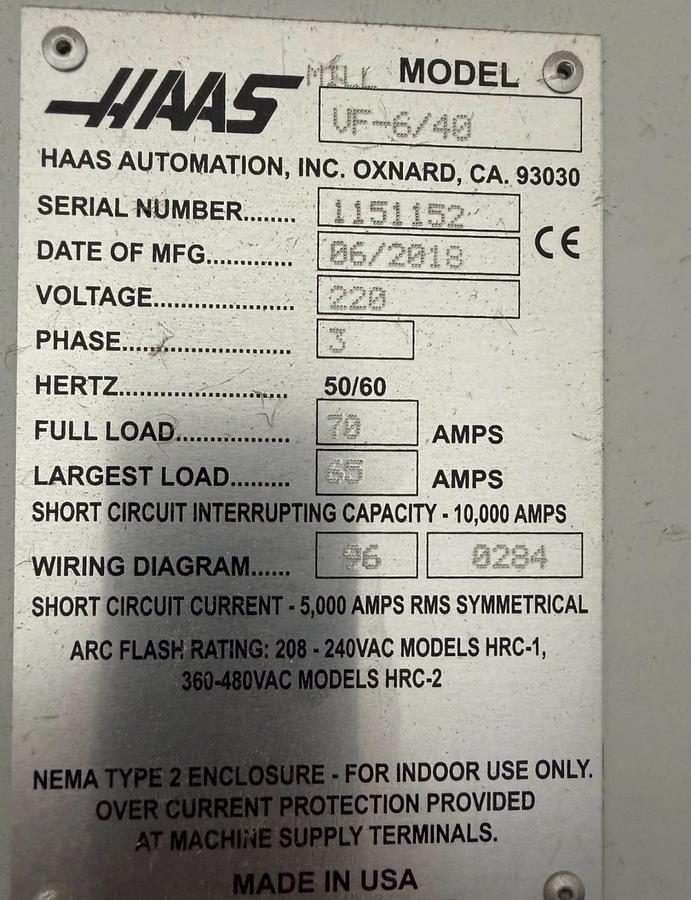 Used 2018 HAAS VF-6 CNC Vertical Machining Center