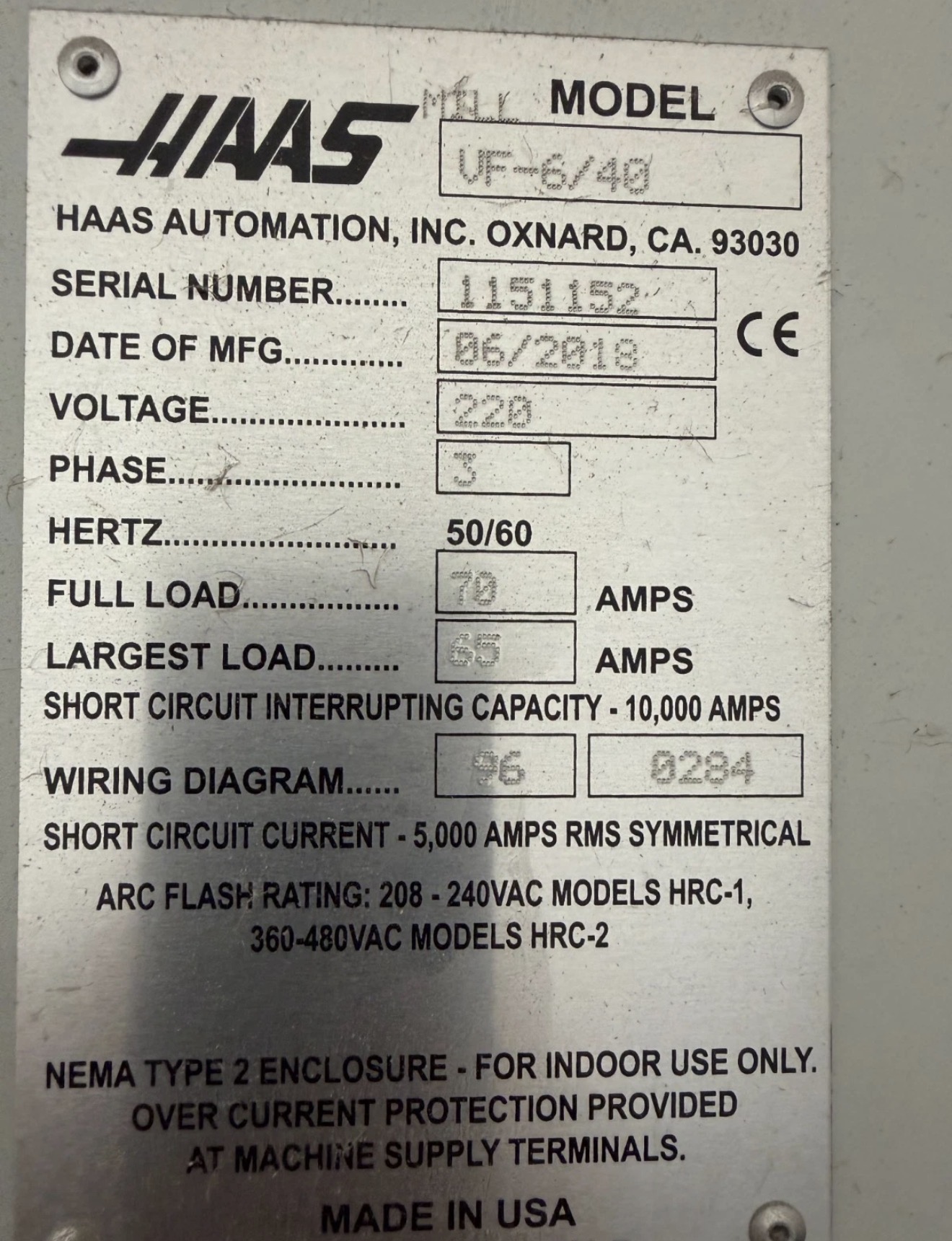 Used 2018 HAAS VF-6 CNC Vertical Machining Center