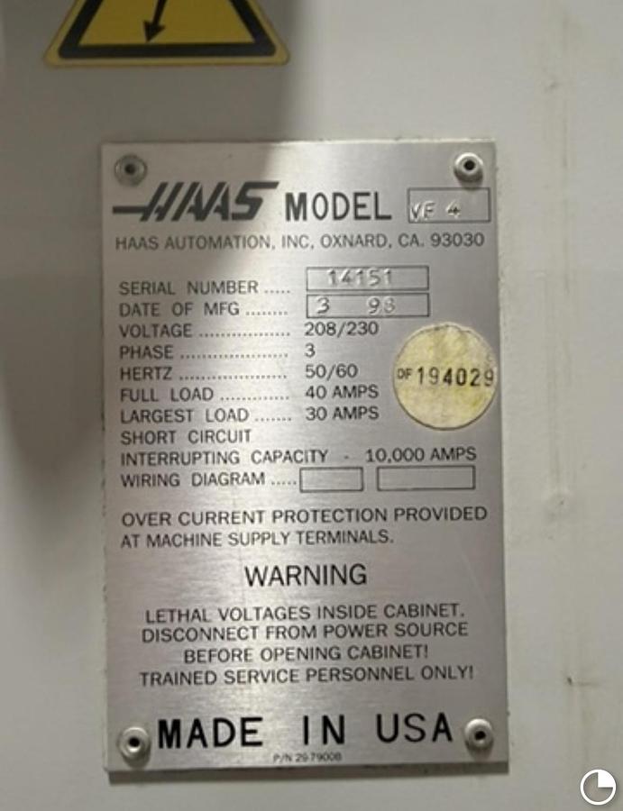 Used 1998 HAAS VF-4 4-Axis & HRT-210 Rotary Table CNC Vertical Machining Center