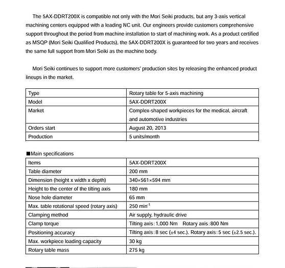 Used Mori Seiki 5AX-DDRT200X Rotary Table
